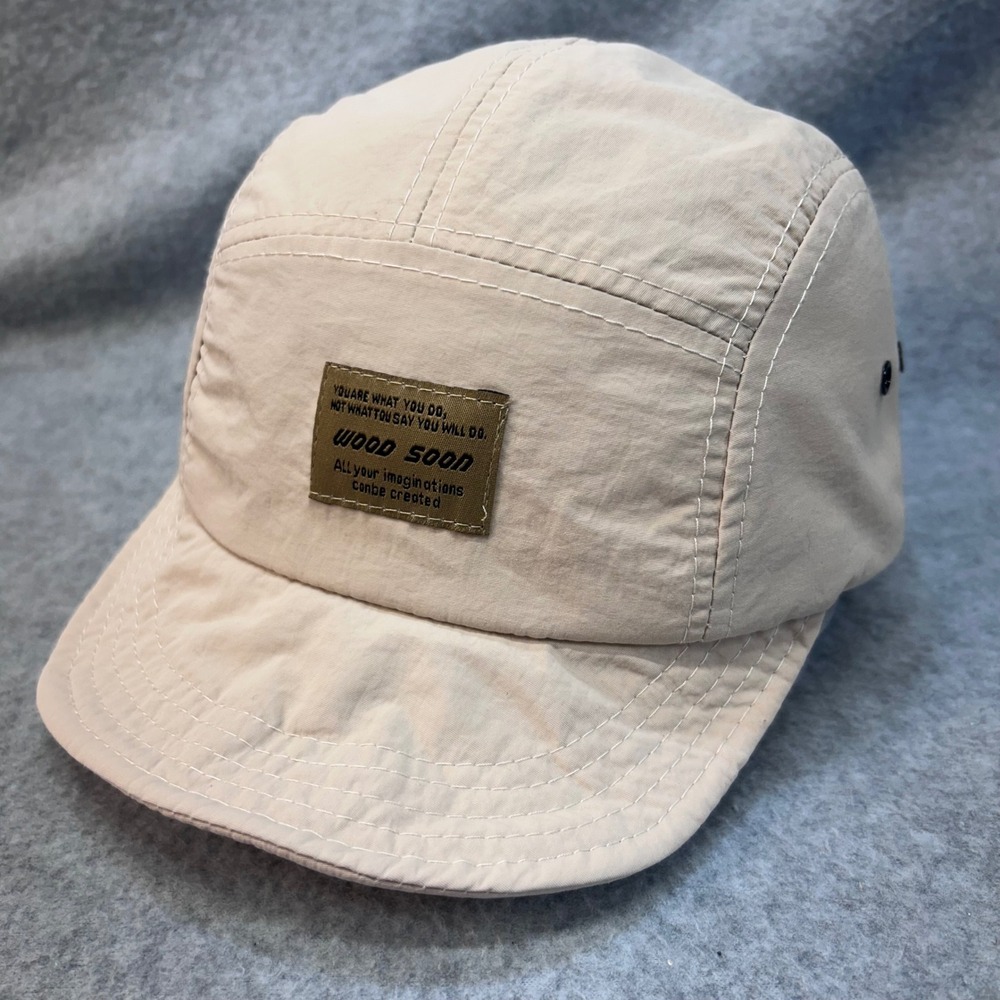 Wood Soon Patch Mens Beige Wood Soon 5 Panel Camper Hat Orange Strap OSFM